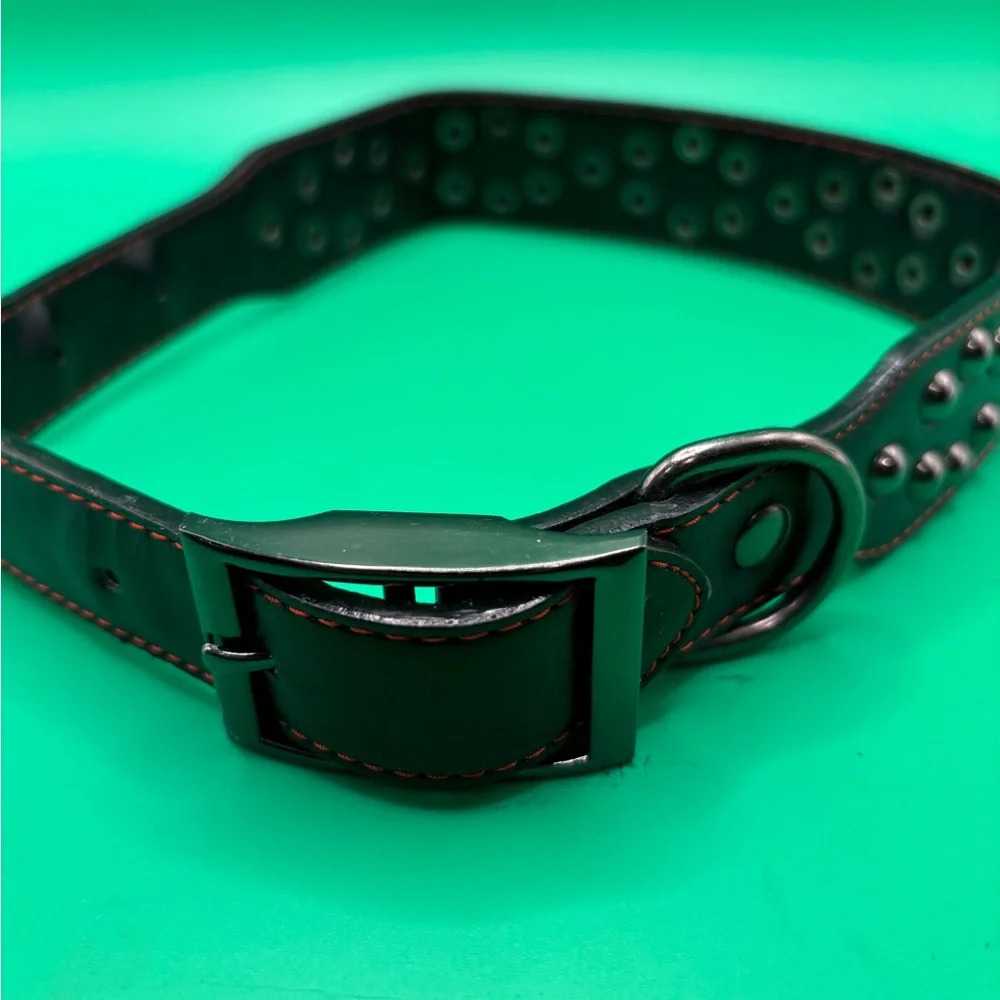 Studded Fashion Dog Collar Black Size Large 24” Adjustable Leather Metal Strong